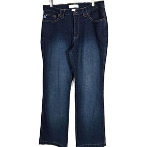 Y2K Dark Wash Stretch Jeans Bootcut/Flare Embroidered Flap Pockets Women Size 12